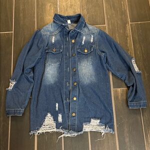 Women's Distressed Denim Jacket in Dark Blue